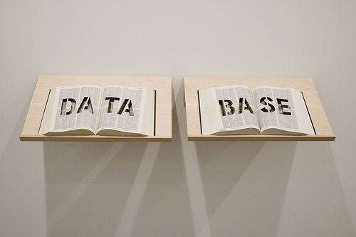 DATABASE Two open books with the words Data and Base carved into their pages