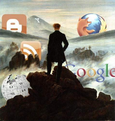 The Digital Romantic Caspar David Friedrich's painting Wanderer Above the Sea of Fog with Internet logos in the distance