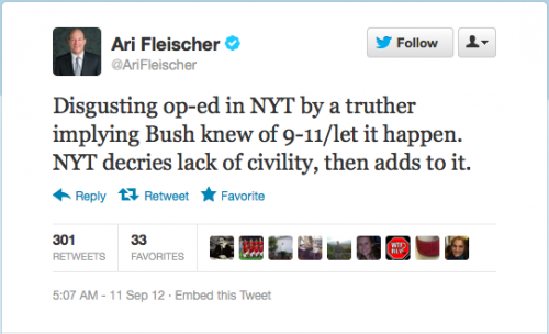Ari Fleischer Tweet Ari Fleischer Tweet, begins Digusting op-ed in NYT by a truther