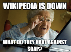 Meme Screenshot Screenshot of meme featuring an elderly woman looking at computer with text Wikipedia is Down, What Do They Have Against Soap?