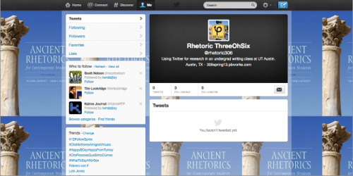 Screenshot of course Twitter account Class Twitter account, @rhetoric306, with Ancient Rhetorics for Contemporary Students (5th ed.) as background