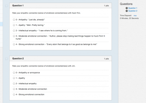 Empathy Survey Two survey questions asking students to rate their sense of empathy with Huckleberry Finn and Jim.