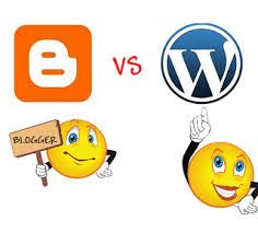 Blogger vs. WordPress A somewhat frustrated smiley face icon holds up a sign that says "Blogger" beneath the icon for Google Blogger. A grinning smiley face icon with full lips and bright, white teeth points up at the WordPress logo and looks triumphant. In between the two competing smiley face emoticons, we see, in red, "vs."