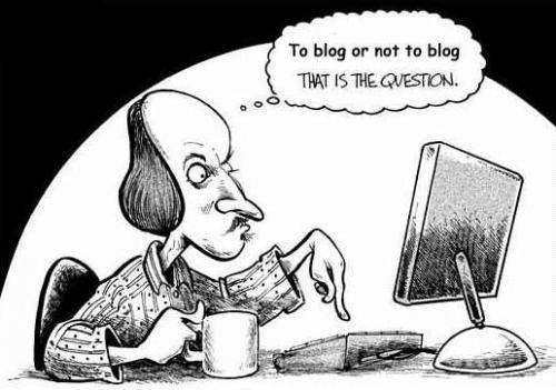 Shakespeare at the Computer Comic with Shakespeare at a computer asking To blog or not to blog?