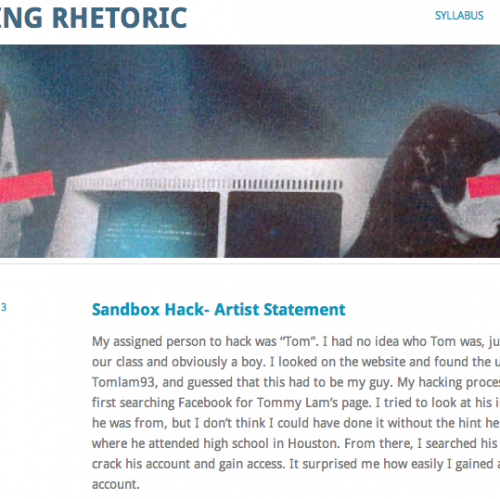 Hacking (Our) Community Screenshot Screenshot of course website with partial text of a student's artist statement