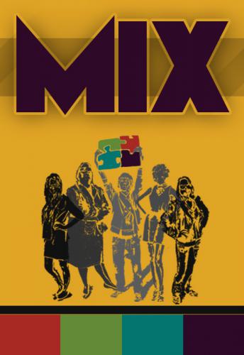 Mix Poster Poster for game mix, with large title and five illustrated people, one of whom holds on jigsaw pieces