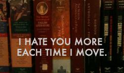 Photo of poetry anthologies on a bookshelf overlaid with the words I Hate You More Each Time I Move