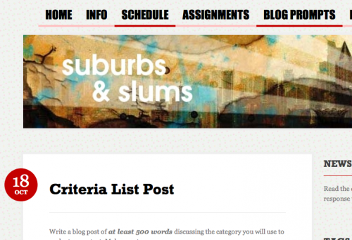 Blog Screenshot Screenshot of course blog for Rhetoric of Suburbs and Slums