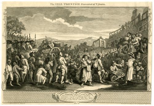 The Idle Prentice Executed at Tyburn, 1747 Broadside depicting crowd at an execution